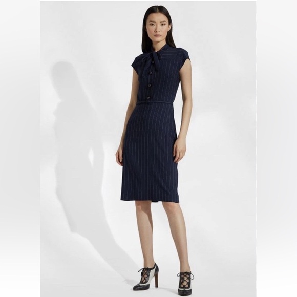 Ralph Lauren Collection Pinstripe Midi Day Dress Tie Neck Button Collar Navy 12 - Picture 2 of 12